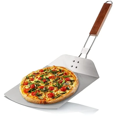 Imagen de COM FOUR® pala para pizza de acero inoxidable 430 elevador y pasteles con mango madera (plateado/negro angular)