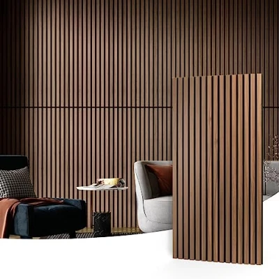Imagen de Art3d 2 paneles acústicos de listones madera para pared y techo, panel absorción sonido estriado 3D con acabado madera, nogal, A31115P2