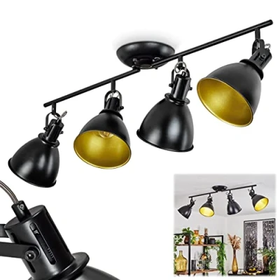 Imagen de lámpara de techo Koppom, metálica en negro/oro, 4 luces, con focos ajustables, x casquillo E14, foco diseño retro/vintage, sin bombilla(s)