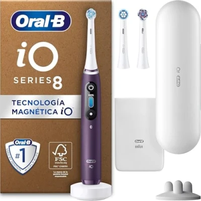 Imagen de Oral B iO 8N Cepillo de Dientes Eléctrico con Mango Recargable, 3 Cabezales y Estuche Viaje, Diseñado por Braun, Regalos Originales para Mujer Hombre Violeta
