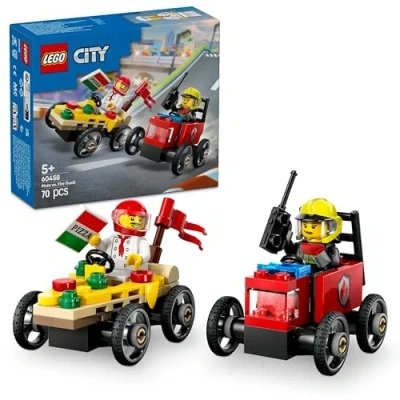 Imagen de LEGO City Pack de Coches Carreras: Pizza vs. Camión Bomberos Juguete, Autos Locos Carreras con Minifigura Chef y Bombera, Regalo para Niños Niñas 5 Años o Más 60458
