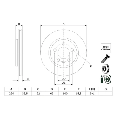 Imagen de BOSCH 0 986 479 E01 Disco de freno 254 22 5 100 ventilado revestido altamente carbonizado con tornillos VOLKSWAGEN: Polo V Hatchback