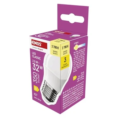 Imagen de EMOS bombilla LED Mini Globo, 2,5 W de repuesto para 32 W, pequeña con casquillo E27, brillo 350 lm, luz blanca cálida 2700 K, 30.000 h vida, CRI mín. 80, ángulo haz