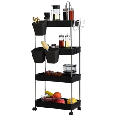 Imagen de DOEWORKS Carrito de Almacenamiento Cocina con Tazas Colgantes, Carro Servicios 4 Niveles Rodante Ruedas para Baño Dormitorio Oficina, Negro
