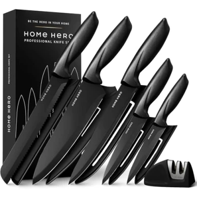 Imagen de Home Hero Juego de cuchillos cocina acero inoxidable con mango ergonómico (11 piezas Vaina Negro)