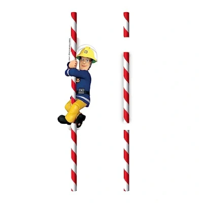 Imagen de amscan 8 pajitas de papel con diseño Sam del bombero, pegatinas para cumpleaños infantiles y fiestas temáticas, decoración fiesta bomberos