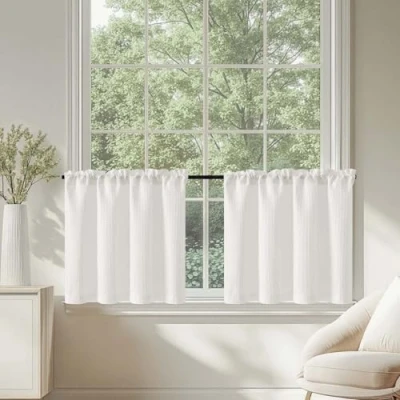 Imagen de TOPICK Visillo Bistro cortina Sheer con patrón de gofres, para ventana semitransparente, gasa, par cortinas, cocina, salón, casa rústica, color blanco