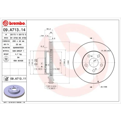 Imagen de BREMBO COATED DISC LINE 09.A713.11 Disco de freno 255 22 5 ventilación interna revestido TOYOTA: Prius II Liftback