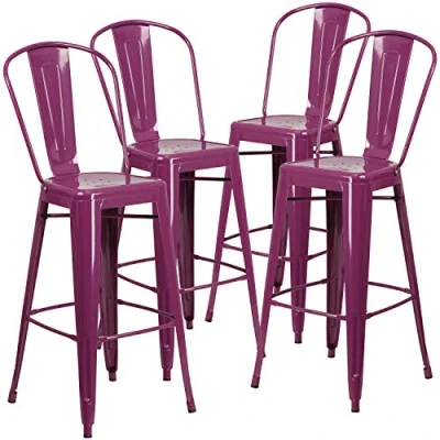 Imagen de Flash Furniture Juego de 4 taburetes Metal Grado Comercial 30 Pulgadas Alto para Interiores y Exteriores con Respaldo, Purple, Unidades