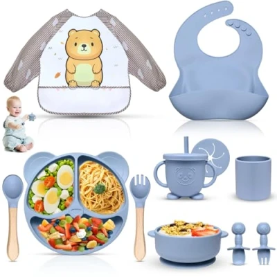 Imagen de Dazhtu Vajilla Bebe, 11 Piezas de Silicona para Bebés con Ventosa, Plato bebe Ventosa Platos impermeable, Cubiertos Babero, aprendizaje comer destete(Azul)