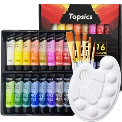 Imagen de Topsics Pintura Acrílica, 16 Tubos de 36 ml Juego Pintura, con 5 pinceles y 1 paleta mezclas, para Papel, Roca, Madera