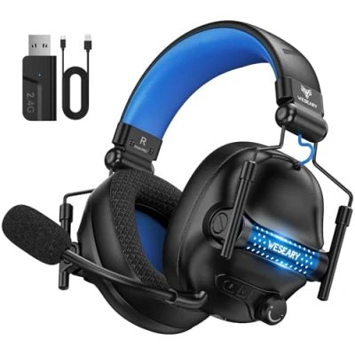Imagen de WESEARY WG2 Cascos Gaming Inalambricos, Auriculares Inalambricos de 2.4G para PS5, PS4, PC, Switch, Sonido Estéreo con Microfono, Luz LED, Duración 50Hr+