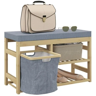 Imagen de HOMCOM Banco Zapatero de Bambú Mueble con Asiento Cesta Extraíble y Estantes Abiertos para 4 Pares Zapatos Entrada Recibidor Pasillo 69x30x45 cm Natural