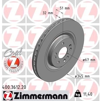 Imagen de ZIMMERMANN COAT Z 400.3612.20 Disco de freno 345 32 8/5 5 112 ventilación interna revestido altamente carbonizado MERCEDES BENZ: Clase ML