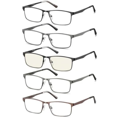 Imagen de Eyecedar Amcedar 5 pack Gafas de Lectura Hombres Estilo marco Rectangular Acero Inoxidable Materiales Metal Bisagras Resorte incluye sol +2.00