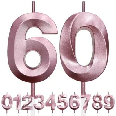 Imagen de 60th Vela de Cumpleaños con Purpurina oro rosa y Diseño 3D Número 60, Velas Números, Decoración Tarta, Tarta para Fiesta Cumpleaños, Aniversario Boda,