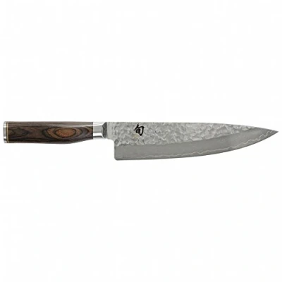 Imagen de KAI Shun Premier Tim Mälzer Cuchillo de chef japonés con hoja 20 cm Núcleo VG MAX 61 HRC, 32 capas Damasco pulido Mango madera Pakka color marrón medio Superficie martillada