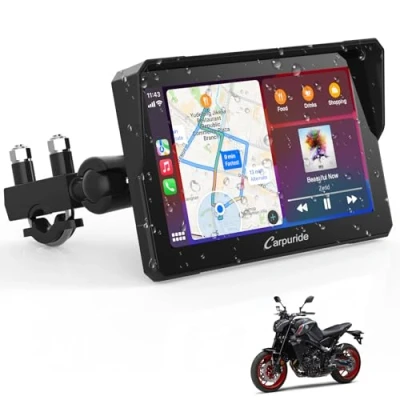 Imagen de Carpuride W702 Pantalla GPS CarPlay para Motocicleta, Inalámbrico y Android Auto, Táctil Portátil Impermeable de 7 Pulgadas, Bluetooth Dual, Navegación GPS, Siri.