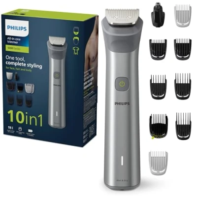 Imagen de Philips Recortadora todo en uno serie 5000, de Barba, Máquina afeitar y cortapelos, 10 piezas para Cabeza, Cara, Cuerpo, Nariz Orejas, Recargable, 120 min autonomía, MG5917/15