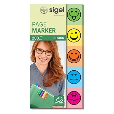 Imagen de SIGEL HN630 Marcapáginas de papel adhesivos, diseño Smiley, funda 200 tiras 50 x 20 mm, 5 colores