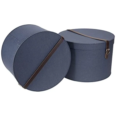 Imagen de Bigso Box of Sweden Juego de 2 Cajas redondas distinto tamaño con tapa y correa cuero Caja sombrerera tablero fibras papel aspecto lino azul