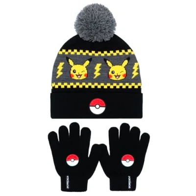 Imagen de Pokemon Conjunto de gorro y guantes invierno cálidos cómodos para niños Diseño Pikachu Perfecto 6 a 12 años Set regalo Negro/Amarillo