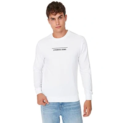 Imagen de Trendyol Sudadera Regular de Cuello Redondo con Eslogan, Blanco, XXL para Hombre
