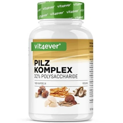 Imagen de Hongos Complex 180 cápsulas 1500 mg de extracto por dosis diaria 32% polisacáridos Melena León (Hericium), Reishi, Cordyceps, Shitake &amp; Agaricus Blazei Vegano
