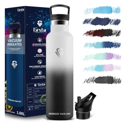 Imagen de Grsta Botella agua Acero Inoxidable, Termica 1l, sin BPA, Gimnasio, Cantimplora para Adultos, Deporte, Oficina, Escuela, Gym