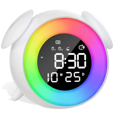 Imagen de VLICHT Despertador Infantil Digital, Niños, Reloj Digital LED con Luz Nocturna, 2 Alarma, 10 Colores Luces, Snooze, Modo Fin de Semana, 7 Tonos Llamada, 12/24H