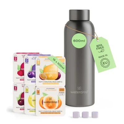 Imagen de waterdrop® Starter Set Steel con 1 botella de acero + 18 microbebidas para disolver en 6 variedades afrutadas, paquete degustación inoxidable 600 ml, apta bebidas