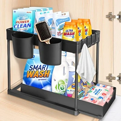 Imagen de YOCOLE Organizador Bajo Fregadero 2 Niveles, Deslizable Estante Almacenamiento Debajo con 4 Ganchos y Cesta Colgante, Cajon Extraíble para Cocina Bano, Negro