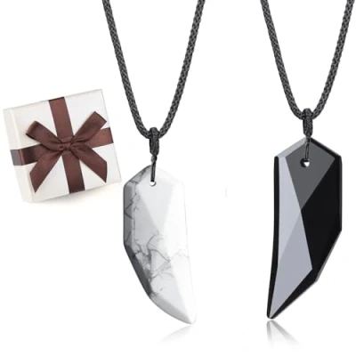 Imagen de COAI Collares Yin Yang para Pareja de Novios con Colgantes Punta Flecha Howlita y Obsidiana Negra Piedras Naturales