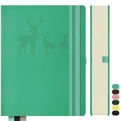 Imagen de Qefuna cuaderno A5 forrado, Bullet Journal grueso bloc de notas, 360 páginas, 100gsm papel rayado para las mujeres los hombres oficina diario la escuela, 14,5 x 21 cm, Azul Verde