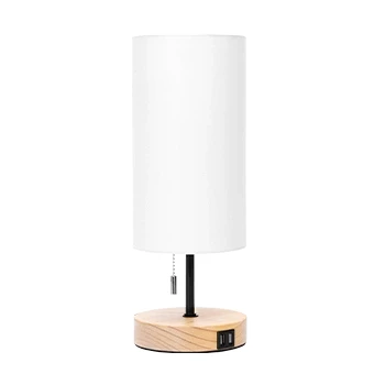 Imagen de Aigostar Lampara de Mesa con 2 Puertos Carga USB, Lamparas Mesita Noche Interruptor Tracción, Base Madera, Lámpara Escritorio Vintage para Sala Estar, Dormitorio, Oficina
