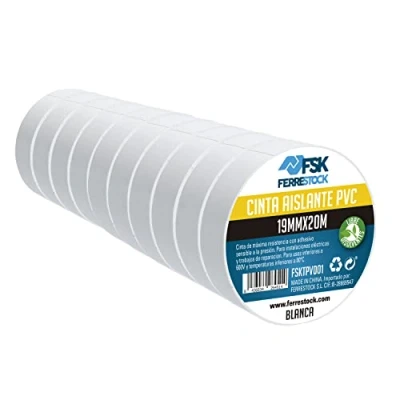 Imagen de Ferrestock FSKTPV001 Pack 10 unidades cinta aislante de PVC blanca con adhesivo sensible a la presión, 19mmx20m
