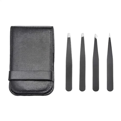 Imagen de Amazon Basics Juego de 4 pinzas, profesionales, acero inoxidable, para pelos faciales, pestañas, cejas o encarnados, con funda viaje, negro (Anteriormente Marca AmazonCommercial)