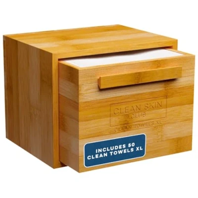 Imagen de Clean Skin Club Toallas faciales XL en caja de bambú con cajón, toallitas secas desechables para lavar y desmaquillar (cajón bambú)