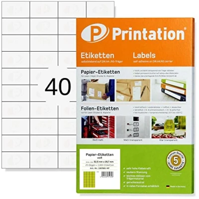 Imagen de Printation Etiquetas universales de 52,5 x 29,7 mm, autoadhesivas, blancas imprimibles, para etiquetar, 1000 pegatinas en hojas 25 A4, 40 por hoja, 4 10 4461