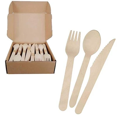 Imagen de Juego de cubiertos madera desechables, tenedores madera, cuchillos y cucharas, ecológicos, (240 unidades 90 tenedores, 60 cuchillos)