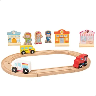 Imagen de WOOMAX Playset Juguetes de Madera, Incluye Circuito Urbano, Edificios, Personas y vehículos, Juego sostenible, Coches para niños, Juguete bebés 18 Meses, Pista Coche niño, 47213
