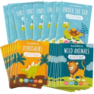 Imagen de THE TWIDDLERS 24 Mini Libros de Actividades Animales para Niños Dinosaurios, Safaris y Marinos, Colorear con Puzzles Infantiles Ideal 4 a 8 años