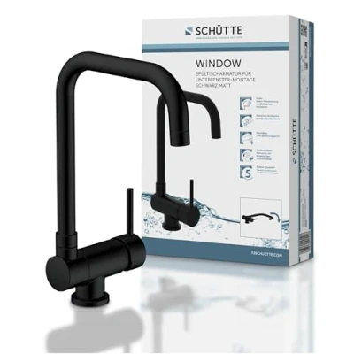 Imagen de SCHÜTTE 24556 WINDOW grifo de cocina para ventana inferior, fregadero (flexible, plegable, giratorio 360, monomando, color negro)