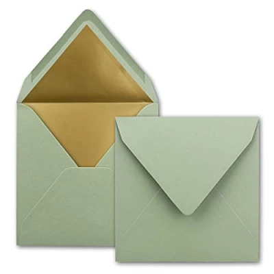 Imagen de 50 sobres cuadrados de 15,5 x cm, verde eucalipto, forrados con papel dorado, adhesivo húmedo, FarbenFroh by GUSTAV NEUSER