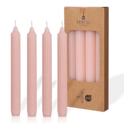 Imagen de COMFORDER Juego de 4 velas mesa monocromáticas + acanaladas, 20 cm, 7 horas combustión, color rosa
