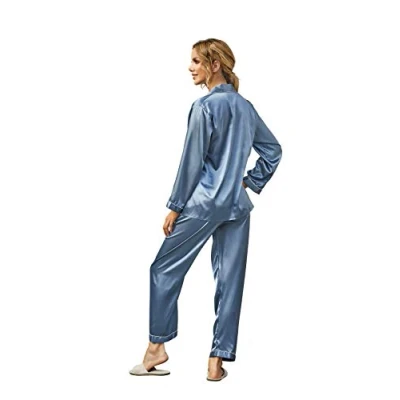 Imagen de 2 Piezas Pijama Saten Mujer Largo, Pijamas de Seda Conjunto Satén para Manga Larga Satén, Cómodo y Elegante, con Botones Bolsillos, Gris Azul, M