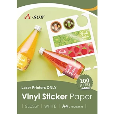 Imagen de A SUB Papel adhesivo de vinilo imprimible, resistente al agua, brillante, blanco, etiquetas autoadhesivas para impresoras Láser, tamaño A4, 100 hojas