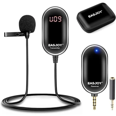 Imagen de EASJOY Micrófono de Solapa inalámbrico UHF con Clip para grabación micrófono, Sistema vigilancia en Tiempo Real y Estuche Almacenamiento, Compatible iPhones teléfonos Inteligentes