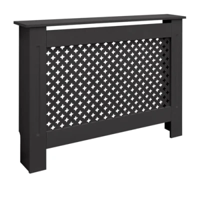 Imagen de ECD Germany Cubierta del Radiador 112x19x82 cm MDF Negro Lacado Revestimiento Protector Moderno de Calefacción Patrón Panal Superficie Estantería Útil Madera para Sala Estar Dormitorio