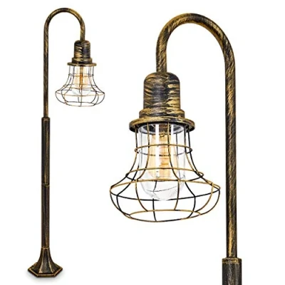 Imagen de lámpara de exterior Borkan, pie aspecto antiguo, aluminio fundido en negro/oro con cristales, luz camino 125,5 cm, jardín retro/vintage, E27, IP44, sin bombilla(s)